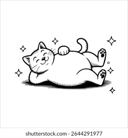 Relaxed and happy fat cat line drawing in playful pose. Perfect for cat lovers and retro cartoon fans. Great for casual fashion prints.