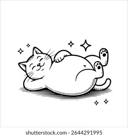 Relaxed and happy fat cat line drawing in playful pose. Perfect for cat lovers and retro cartoon fans. Great for casual fashion prints.