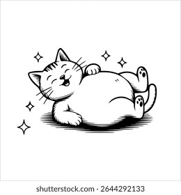 Relaxed and happy fat cat line drawing in playful pose. Perfect for cat lovers and retro cartoon fans. Great for casual fashion prints.