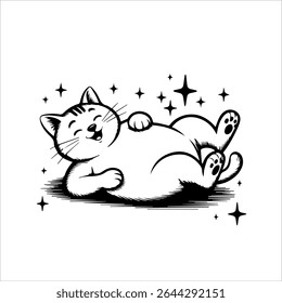 Relaxed and happy fat cat line drawing in playful pose. Perfect for cat lovers and retro cartoon fans. Great for casual fashion prints.