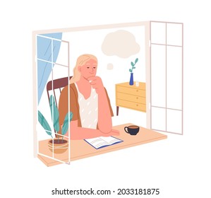 Relaxed happy person dreaming, imagining smth after reading book. Woman resting by window at home and thinking, fantasizing. Female in thoughts. Flat vector illustration isolated on white background