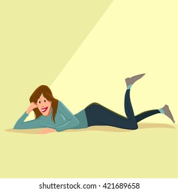 relaxed happy woman laid on floor, cartoon character, dreaming, have a rest, vector illustration