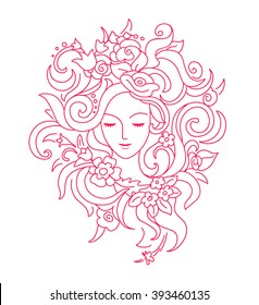 Relaxed, happy woman's face in a frame of flowers. To advertise spa, hairdresser, beauty salon, facials products, signage, labels. To promote healthy living, natural products