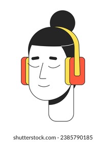 Relaxed headphones man with samurai hairstyle 2D linear cartoon character head. Earphones relaxing korean male isolated line vector person face white background. Calm guy color flat spot illustration