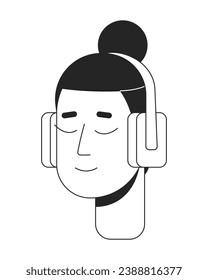 Relaxed headphones man with samurai hairstyle black and white 2D line cartoon character head. Earphones relaxing korean male isolated vector outline person face. Monochromatic flat spot illustration