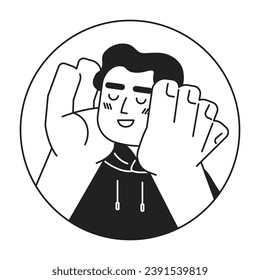Relaxed hispanic man smiling hands on face black and white 2D vector avatar illustration. Cute daydreaming adult outline cartoon character face isolated. Love yourself flat user profile image