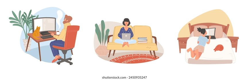 Relaxed home office settings, vector illustration with individuals working and enjoying downtime.