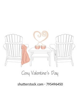 Relaxed home saint valentine's day illustration. Two outdoor wooden chairs with knitted plaid. Two cocoa cups with heart shaped steam and knitted mug cosy.