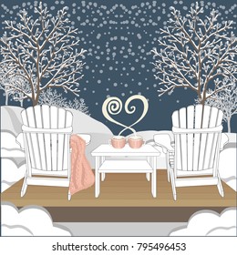 Relaxed Home Saint Valentine's Day Illustration. Two Outdoor Wooden Chairs With Knitted Plaid. Two Cocoa Cups With Heart Shaped Steam And Knitted Mug Cosy. Cosy Winter Night Vector Card.
