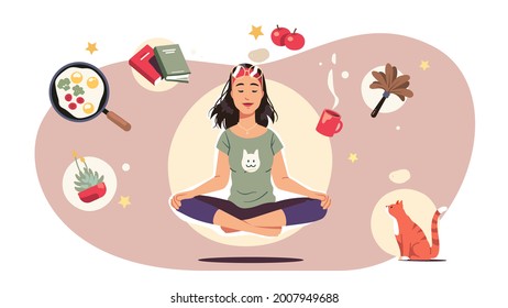 Relaxed housewife meditating without worries. Woman float peacefully in air sit in lotus yoga pose untouched by house chores thoughts, worldly affairs. Deep relaxation concept vector illustration