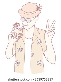 A relaxed illustration depicting a person joyfully enjoying a tropical drink while proudly displaying a peace sign