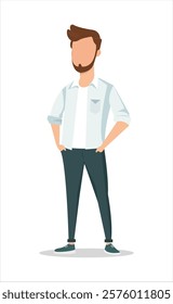 A relaxed illustration of a young man wearing casual attire, standing confidently with his hands in his pockets. The design conveys a sense of confidence, simplicity, and approachability.