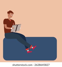 Relaxed Individual Reading a Book While Sitting on a Blue Bench Against a Peach Background