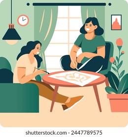 Relaxed indoor coffee and crafting moment, vector illustration, perfect for home hobby and leisure activity themes.