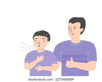 Relaxed kid breathing exercise with his dad. flat vector illustration.