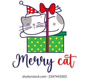 Relaxed kitten laying out of the Christmas gift box, xmas cartoon illustration isolated