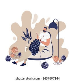 Relaxed knitting man in a cosy beanbag chair. A man plying a needle in a modern flat style. Illustartion for themed clubs, magazine articles. Illustration about men occupied in habitual female hobbies