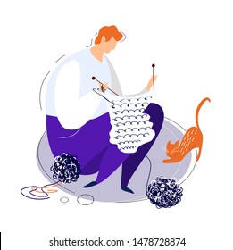 Relaxed knitting man in a cosy home atmosphere. Plying a needle guy in a modern flat style. An illustration for themed clubs, magazine articles. Men occupied in habitual female hobbies illustration.
