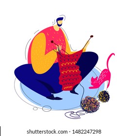 Relaxed knitting man in a cosy home atmosphere. Plying a needle guy in a modern flat style. An illustration for themed clubs, magazine articles. Men occupied in habitual female hobbies illustration