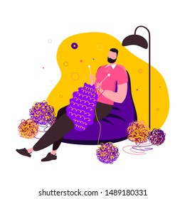 Relaxed knitting man in a cosy home atmosphere. Plying a needle guy in a modern flat style. An illustration for themed clubs, magazine articles. Boy occupied in habitual female hobbies illustration