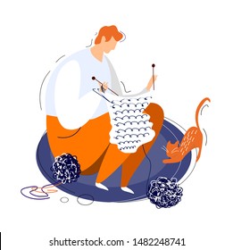 Relaxed knitting red-heared man in a cosy home atmosphere. Plying a needle guy in a modern flat style. An illustration for themed clubs, magazine articles. Men in habitual female hobbies illustration.