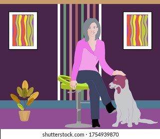 Relaxed lady seated on a stool patting her pet dog on the head. 
