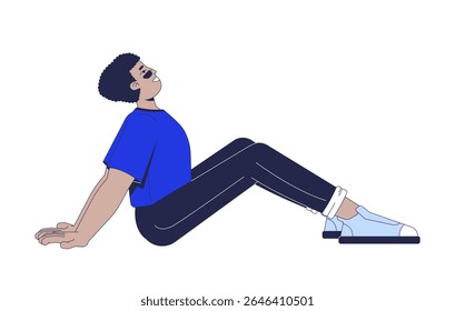 Relaxed latino man sitting on floor leaning back 2D cartoon character. Casual rest. Peaceful break. Leisure time. Laidback hispanic guy flat vector person isolated on white. Spot illustration colorful