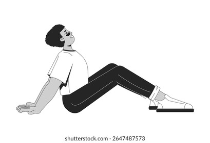 Relaxed latino man sitting on floor leaning back 2D line character. Casual rest. Peaceful break. Leisure time. Laidback hispanic guy isolated vector ink outline person. Monochromatic spot illustration