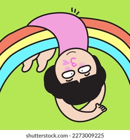 Relaxed And Lazy Chubby Young Woman Performing Yoga Hanging Head Down On A Rainbow Concept Card Character illustration