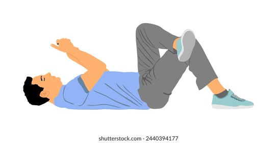 Relaxed lazy man laying down in bed with mobile phone vector illustration isolated. Tired boy on pause after job. Outdoor enjoy in rest. Urban lazy boy ordering fast food by smart phone application. 