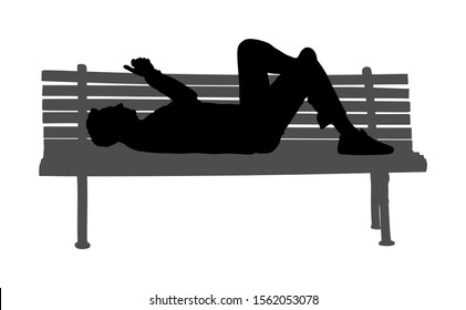 Relaxed lazy man lying down on bench in park with mobile phone vector silhouette. Tired boy on pause after job. Outdoor enjoy in rest. Urban lazy boy ordering fast food by smart phone application. 