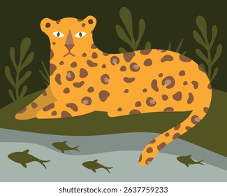 Relaxed Leopard by River in Jungle Vector Illustration. The scene captures the tranquility of the jungle, with fish swimming in the water.