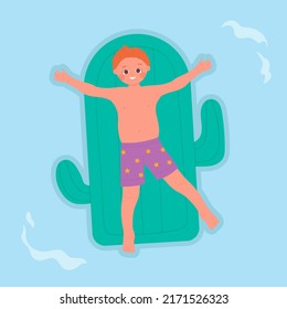 Relaxed little boy on inflatable mattress. Summer swimming pool vector illustration