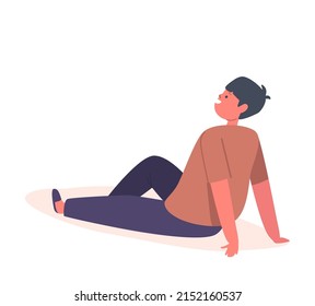 Relaxed Little Boy Sitting on Floor. Child Character Wear Home Clothes Brown T-shirt, Blue Trousers and Slippers. Child Character Isolated on White Background. Cartoon Vector Illustration