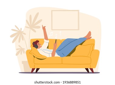 Relajado personaje masculino en audífonos escuchando música en aplicaciones de Smartphone basadas en Sofa. El hombre en la paz, el placer emocional, el ocio, la vida feliz. Ilustración del vector de dibujos animados