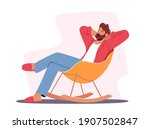 Relaxed Male Character in Home Clothes and Slippers Sitting in Comfortable Chair Yawning, Man Leisure at Home after Work or Weekend. Furniture Design, Relaxing Sparetime. Cartoon Vector Illustration