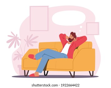 Relaxed Male Character in Home Clothes and Slippers Sitting in Comfortable Sofa Yawning, Imagine Something Pleasant with Empty Bubble above Head. Dreaming, Relax Sparetime. Cartoon Vector Illustration