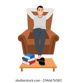 Relaxed Male Character in Home Clothes and Slippers Sitting in Comfortable Chair Yawning, Man Leisure at Home after Work or Weekend. Furniture Design, Relaxing Sparetime. Flat vector 