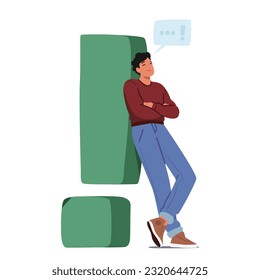 Relaxed Male Character Leaning Against A Massive Exclamation Mark With A Serene Smile and Speech Bubble, Symbolizing A Peaceful Demeanor Amidst The Chaos. Cartoon People Vector Illustration