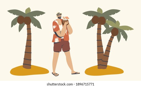 Relaxed Male Character in Summer Clothes Enjoying Drinking Coconut Juice Walking along Tropical Beach with Palm Trees around. Healthy Drink, Refreshment at Hot Weather. Linear Vector Illustration