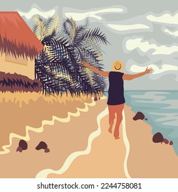 Relaxed male jogging on beach near ocean vector illustration. Active lifestyle, nature, health concept. Summer time. Vector illustration