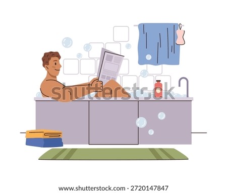 Relaxed man in cozy bath with foam bubbles reading newspaper. Vector male character with smiling facial expression bathing. Person enjoying time for herself by perusing gazette in soapy water