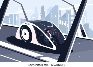 Relaxed man driving by smart car vector illustration. Autonomous vehicle self driving car equipped sensing and wireless communication flat style. Future technologies concept. Cityscape on background