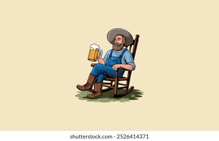 Relaxed man enjoying beer on a rocking chair.