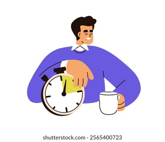 Relaxed man enjoying coffee break. Time management and work-life balance. Happy resting employee, office worker, organized planned relaxation. Flat vector illustration isolated on white background