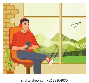 Relaxed man enjoying music on his headphones sitting in deck chair by a large window in modern bright interior with an outdoor view. Man meditating concept. Flat vector illustration 
