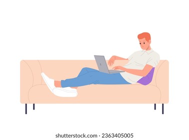 Relaxed man freelancer on sofa using laptop computer watching webinar, working online at home
