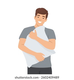 Relaxed man hugs pillow with smile, dressed in casual clothes, suggesting comfort and restfulness. Flat vector illustration isolated on white background