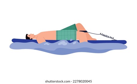 Relaxed man laying on paddle board, flat vector illustration isolated on white background. Character paddleboarding in the sea. Concept of water sport and summer recreation.