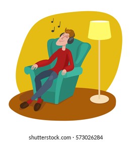 Relaxed man listening to music. Cartoon hand drawn vector illustration